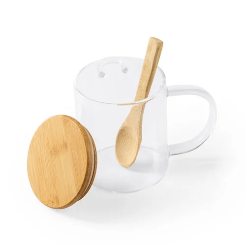 TAZA DE CRISTAL TAPA Y CUCHARA DE BAMBÚ COCO REF MD4081