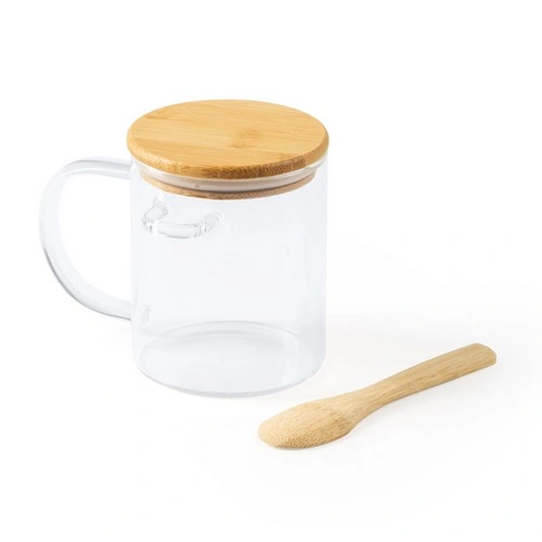 TAZA DE CRISTAL TAPA Y CUCHARA DE BAMBÚ COCO REF MD4081