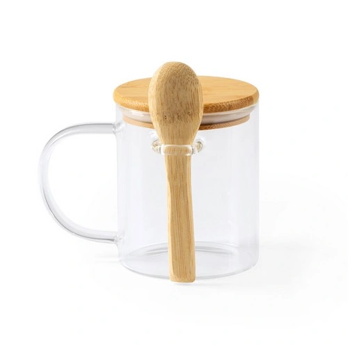 TAZA DE CRISTAL TAPA Y CUCHARA DE BAMBÚ COCO REF MD4081